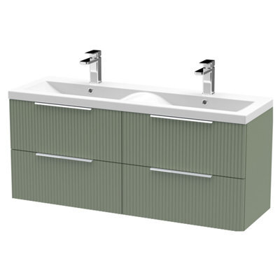 Balterley Tixall Fluted 4 Drawer Wall Hung Vanity Unit With Double Basin, Satin Green, 1200mm - image 1