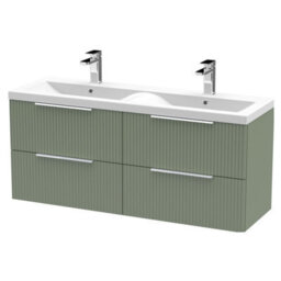 Balterley Tixall Fluted 4 Drawer Wall Hung Vanity Unit With Double Basin, Satin Green, 1200mm - thumbnail 1