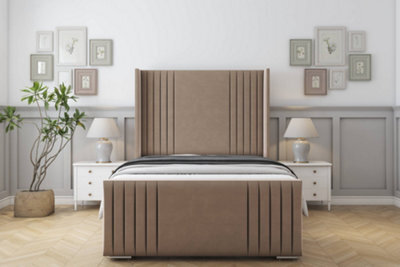 "Sloomy Camden Mink Plush Bed Frame With Mattress With 50""  Upholstered Wingback Headboard 4'6 Double" - image 1