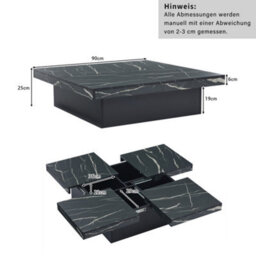 Abrihome Modern Square Marble Look Coffee Table With 4 Sliding Drawers - 90X90X25Cm, Black - thumbnail 6