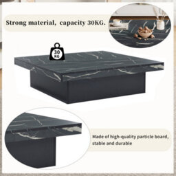 Abrihome Modern Square Marble Look Coffee Table With 4 Sliding Drawers - 90X90X25Cm, Black - thumbnail 5