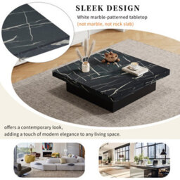Abrihome Modern Square Marble Look Coffee Table With 4 Sliding Drawers - 90X90X25Cm, Black - thumbnail 4