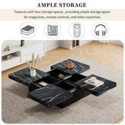 Abrihome Modern Square Marble Look Coffee Table With 4 Sliding Drawers - 90X90X25Cm, Black - thumbnail 3