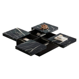 Abrihome Modern Square Marble Look Coffee Table With 4 Sliding Drawers - 90X90X25Cm, Black - thumbnail 1