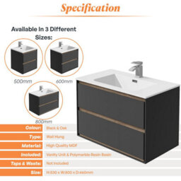 Plum&clay Norton Black & Oak Wall Hung Vanity Unit & Basin Set (W)800mm (H)530mm - thumbnail 4