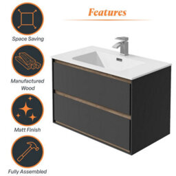 Plum&clay Norton Black & Oak Wall Hung Vanity Unit & Basin Set (W)800mm (H)530mm - thumbnail 5