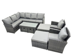 Fimous 12 Seat Poly Rattan Outdoor Patio Oblong Coffee Table Corner Sofa Set With 4 Stools Chair For Backyard Dark Grey Mixed - thumbnail 2
