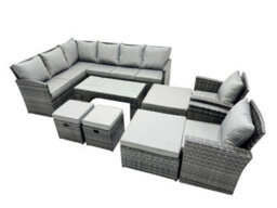 Fimous 12 Seat Poly Rattan Outdoor Patio Oblong Coffee Table Corner Sofa Set With 4 Stools Chair For Backyard Dark Grey Mixed - thumbnail 1