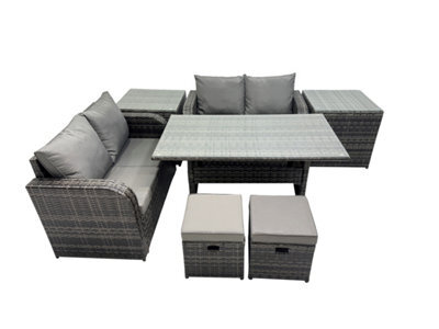 Fimous Wicker Pe Rattan Garden Outdoor Furniture Set Love Sofa Dining Table Set With 2 Small Stools 2 Side Tables Dark Grey Mixed - image 1