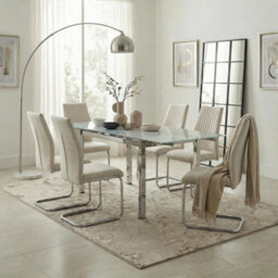 Furniturebox Enna White Glass Extending Dining Table With 6 Cream Fabric Lorenzo Chairs