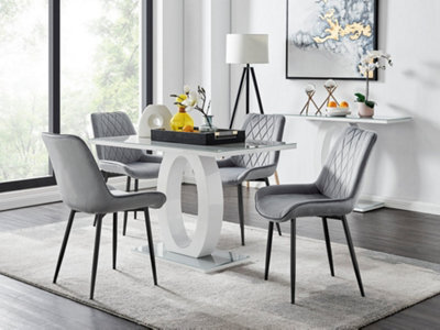 Furniturebox Giovani Rectangular 4 Seat White High Gloss Unique Halo Base Dining Table Grey Glass Top 4 Grey Velvet Black Leg Pesaro Chairs - image 1
