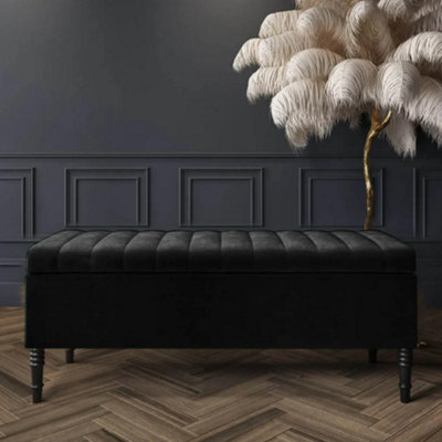 150Cm Paris Striped Ottoman Storage Bench- Plush Velvet Shoe Bench - Black Upholstery Footstool With Storage - image 1