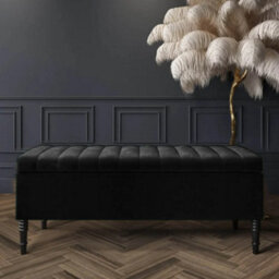 150Cm Paris Striped Ottoman Storage Bench- Plush Velvet Shoe Bench - Black Upholstery Footstool With Storage