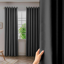 Ameha Plain Thermal Thick Blackout Eyelet Curtain Ready Made Ring Top Dark Grey Curtain Pair 90''x108'' Home Decor Uk - thumbnail 9