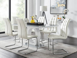 Furniturebox Giovani Rectangular 6 Seat White High Gloss Unique Halo Base Dining Table Grey Glass Top 6 White Faux Leather Murano Chairs