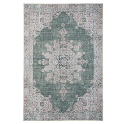 Loomed Green Vintage Medallion Anti Slip Washable Rug 200X290Cm - image 1