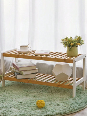 LEDREM Natural Bamboo 2-Tier Shoe Rack, Shelf For Shoes Plants Books, For Living Room