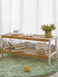 LEDREM Natural Bamboo 2-Tier Shoe Rack, Shelf For Shoes Plants Books, For Living Room - thumbnail 1
