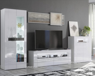 Furneo High Gloss & Matt White Living Room Set Tv Stand Sideboard Display Cabinet White Led Lights - image 1