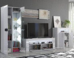 Furneo High Gloss & Matt White Living Room Set Tv Stand Sideboard Display Cabinet White Led Lights - thumbnail 2