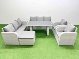 Fimous 9 Seater Outdoor Dining Table 3 Seater Sofa Reclining Chair Set With Side Table Big Stool Light Grey - thumbnail 2