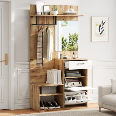 Btm 7 In 1 Coat Rack Hall Tree With Mirror Shoe Bench Shoe Rack Drawer Storage Cabinet White And Wood 100 X 38.5 X 190 Cm - image 1