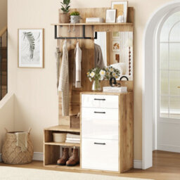 Btm 7 In 1 Coat Rack Hall Tree With Mirror Shoe Bench Shoe Rack Drawer Storage Cabinet White And Wood 100 X 38.5 X 190 Cm - thumbnail 5