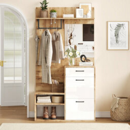 Btm 7 In 1 Coat Rack Hall Tree With Mirror Shoe Bench Shoe Rack Drawer Storage Cabinet White And Wood 100 X 38.5 X 190 Cm - thumbnail 4