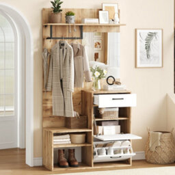Btm 7 In 1 Coat Rack Hall Tree With Mirror Shoe Bench Shoe Rack Drawer Storage Cabinet White And Wood 100 X 38.5 X 190 Cm - thumbnail 3