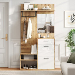 Btm 7 In 1 Coat Rack Hall Tree With Mirror Shoe Bench Shoe Rack Drawer Storage Cabinet White And Wood 100 X 38.5 X 190 Cm - thumbnail 2