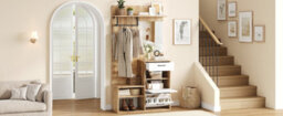 Btm 7 In 1 Coat Rack Hall Tree With Mirror Shoe Bench Shoe Rack Drawer Storage Cabinet White And Wood 100 X 38.5 X 190 Cm - thumbnail 9
