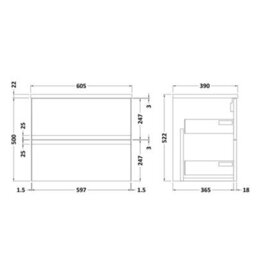 Hudson Reed Urban 605mm Satin White Wall Hung 2 Drawer Vanity Unit And Laminate Worktop With Silent Close, 522 X 605 X 390mm - thumbnail 3