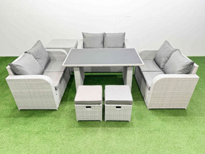 Fimous 8 Seater Patio Garden Furniture Sets With Black Glass Top Dining Table Love Sofa Side Table 2 Small Stool Light Grey - image 1