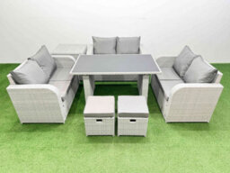 Fimous 8 Seater Patio Garden Furniture Sets With Black Glass Top Dining Table Love Sofa Side Table 2 Small Stool Light Grey - thumbnail 2