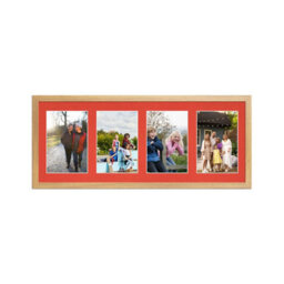AK Frames 50X20Cm Oak Sleek Multi Photo Frame With Poppy Red Mount - Holds 4 Apertures (4X) 6X4 Photos