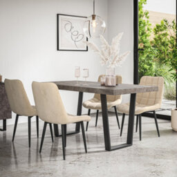 More4Homes Aria Dining Table And Chairs -  Concrete Effect Table Top W Black Legs + Nova Velvet Dining Chair Set Of 4 (Beige)