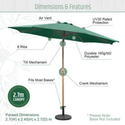 Gardenkraft 2.7M Outdoor Wooden Effect Parasol - Dark Green - thumbnail 4