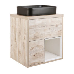 Homestylestore Light Oak 594mm Wall Hung Bathroom Vanity Unit Rectangular Countertop Graphite Basin Open Shelf - thumbnail 1