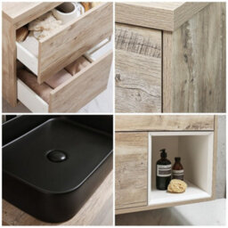 Homestylestore Light Oak 594mm Wall Hung Bathroom Vanity Unit Rectangular Countertop Graphite Basin Open Shelf - thumbnail 2