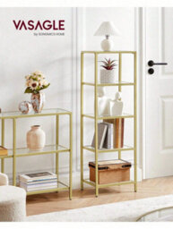 Vasagle 5-Tier Glass Shelf, Bookshelf, Storage Rack, Tempered Glass, Easy Assembly, Bathroom, Living Room, Black