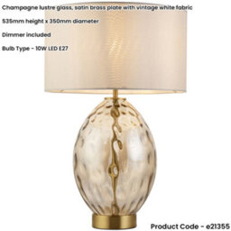 Loops Champagne Lustre Glass Table Lamp - Vintage White Fabric Shade - Dimmable 10W Led E27 - thumbnail 2