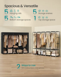 LEDREM Clothes Wardrobe, Portable Closet, Garment Organiser Rack With 5 Hanging Rails,4 Side Pockets, 45 X 211 X 167 Cm,ink Black - thumbnail 4