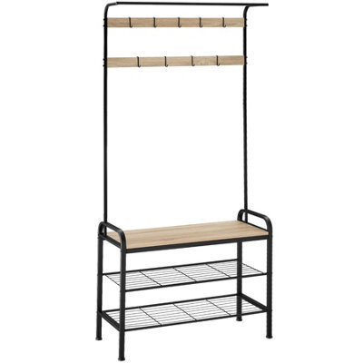 Tectake Coat Stand - Shoe Rack, Seat, 2 Shelves And 9 Coat Hooks 85.5X36X184Cm - Industrial Wood Light, Oak Sonoma - image 1