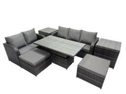 Fimous Rattan Garden Furniture Dining Set 7-Seater Patio Height Adjustable Rising Lifting Table Sofa Set With 2 Side Tables - thumbnail 2
