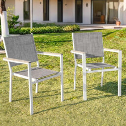 Avestar Outdoor 6-Piece Textilene Stackable Dining Chair Set With Faux Wood Armrests For Garden, Patio, Grey And White - thumbnail 2