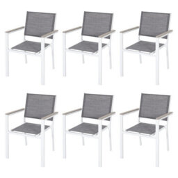 Avestar Outdoor 6-Piece Textilene Stackable Dining Chair Set With Faux Wood Armrests For Garden, Patio, Grey And White