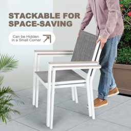 Avestar Outdoor 6-Piece Textilene Stackable Dining Chair Set With Faux Wood Armrests For Garden, Patio, Grey And White - thumbnail 4