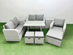 Fimous 8 Seater Outdoor Rattan Garden Furniture Set With Rectangular Dining Table 2 Side Tables 3 Footstools Light Grey - thumbnail 2