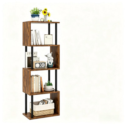 Oira 5 Tier Tall Bookshelf,s Shaped Geometric Bookcase,brown Wood Display Shelves - image 1