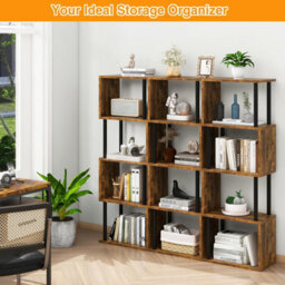Oira 5 Tier Tall Bookshelf,s Shaped Geometric Bookcase,brown Wood Display Shelves - thumbnail 5